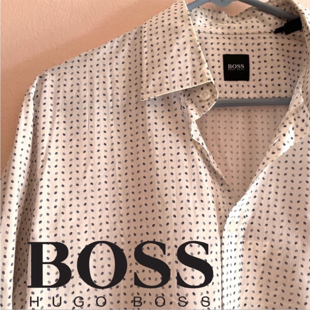 Hugo Boss Men’s White Shirt Cross Hatch Blue Print Size Large Casual Button Down